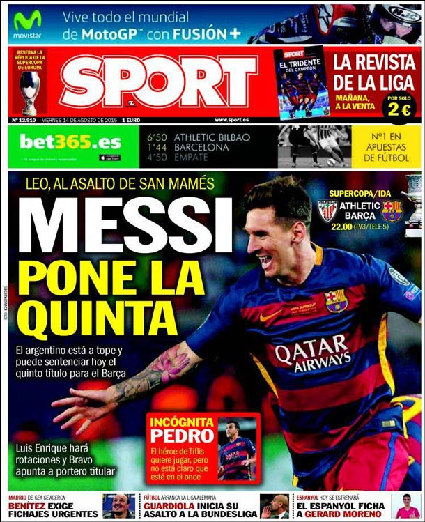 Portada Sport: Messi pone la quinta - FC Barcelona Noticias