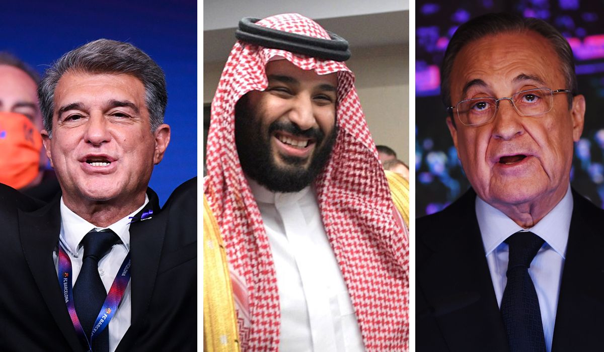 From left to right: Joan Laporta, Mohammed bin Salman and Florentino Pérez