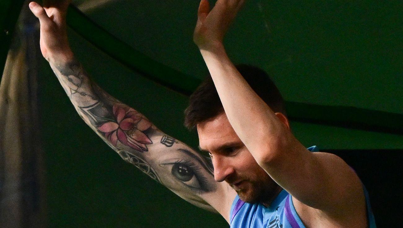 Leo Messi tattoo during the celebration of the victory of FC Barcelona in  the Spanish League football match between FC Barcelona and Deportivo on May  23, 2014 at Camp Nou stadium in