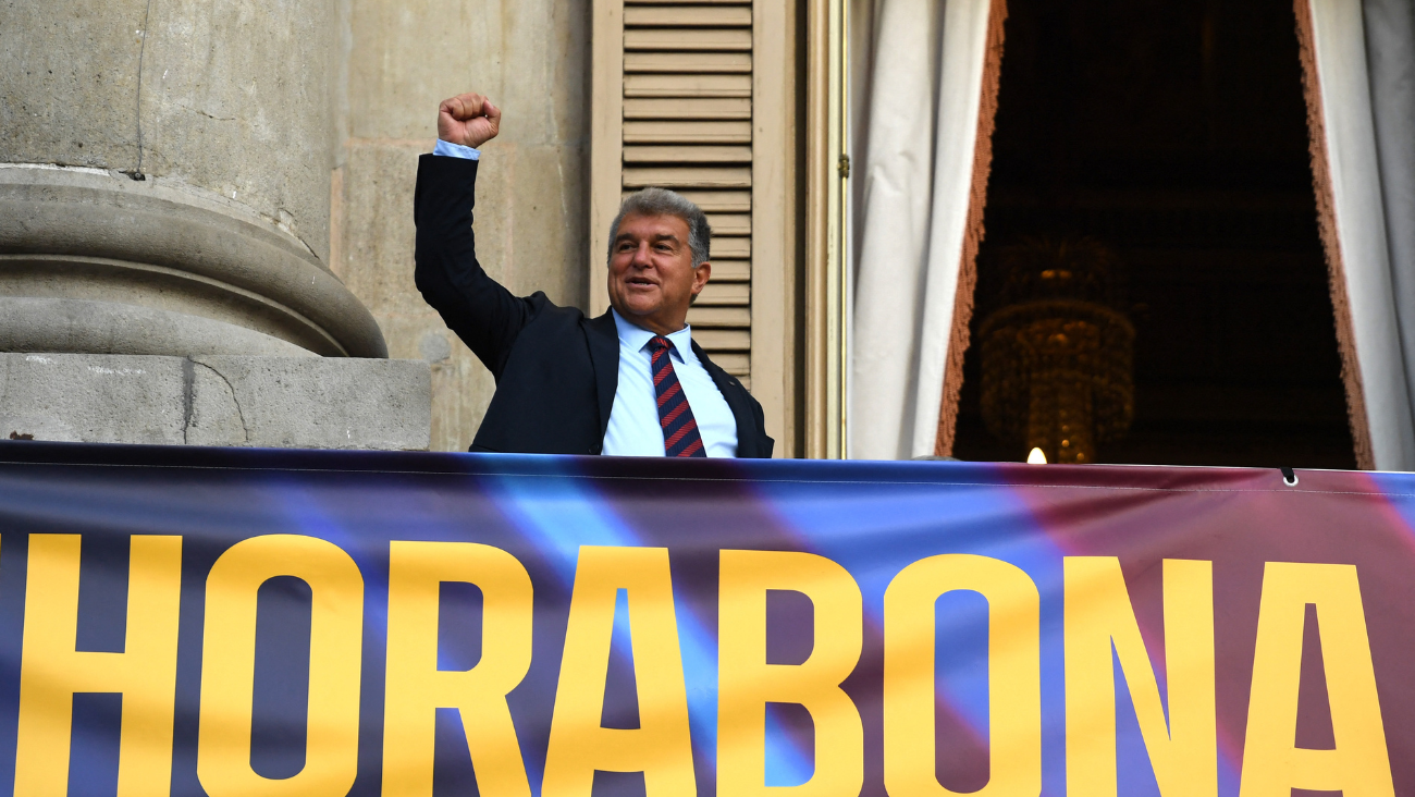 Joan Laporta en la celebración de la Champions obtenida por el Barça Femení