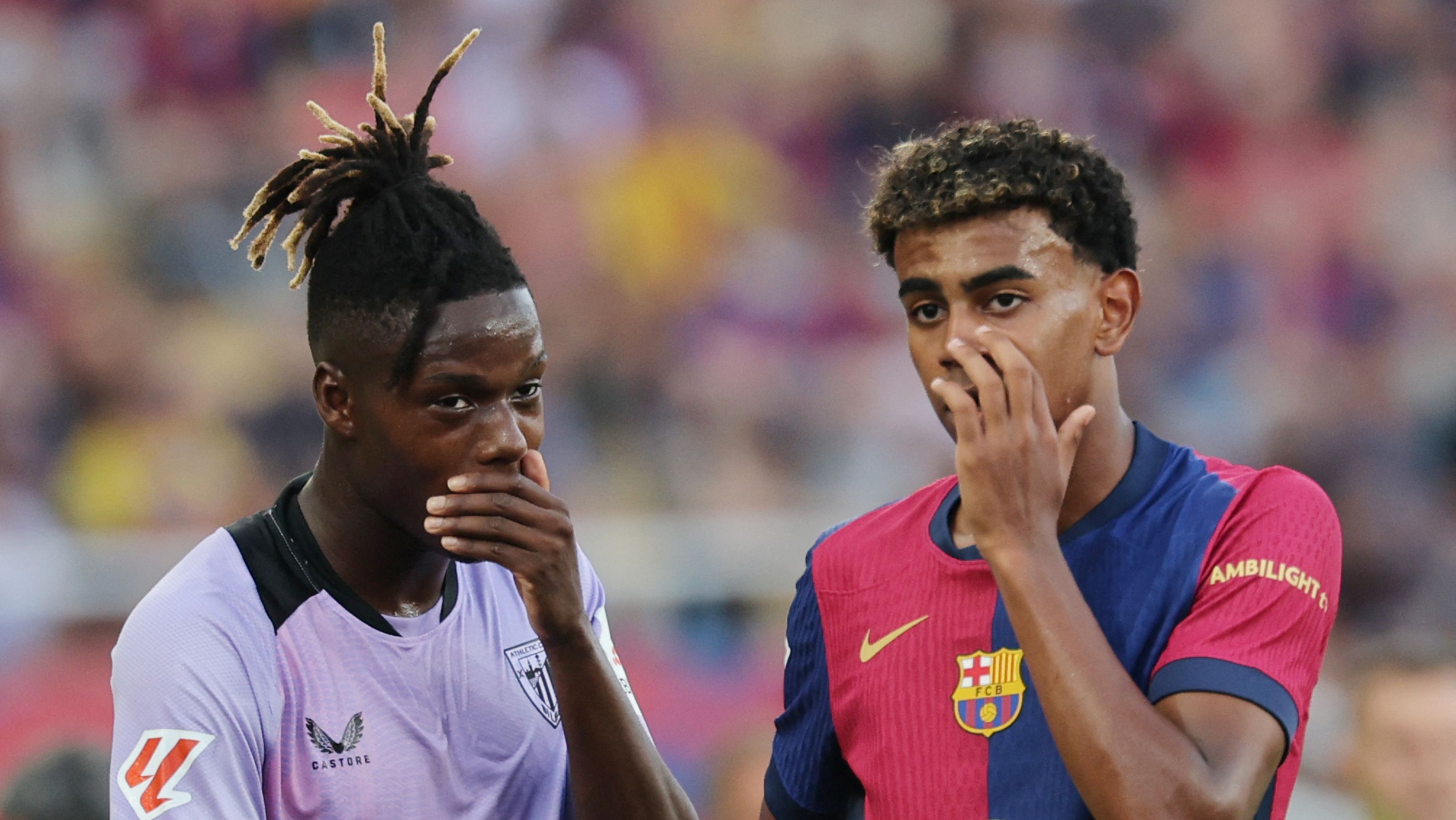 Nico Williams y Lamine Yamal en la previa del partido entre el FC Barcelona y el Athletic Club