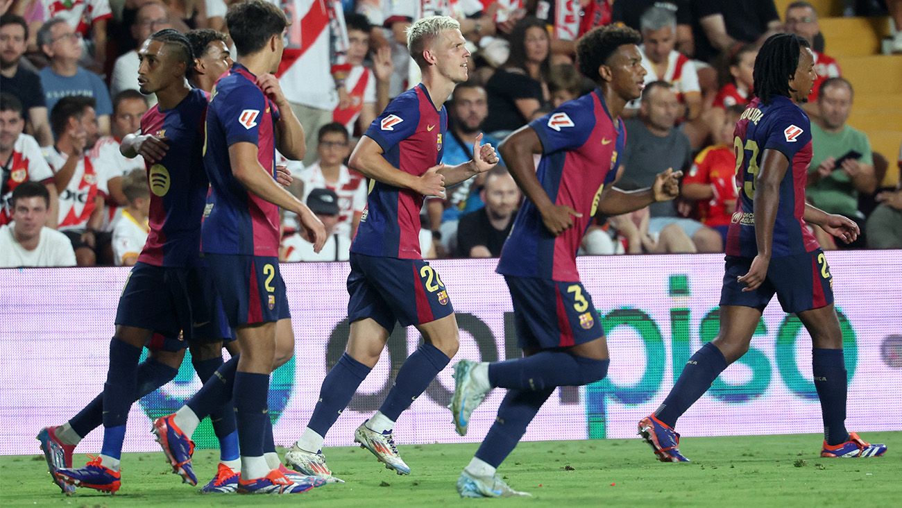 Jugadores del FC Barcelona festejando uno de los goles ante el Rayo (1-2)