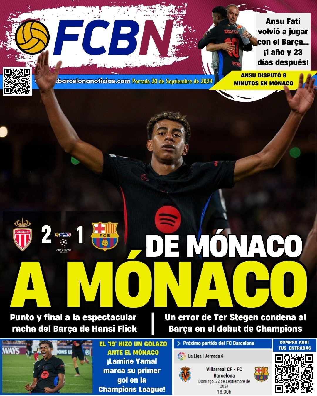 Portada FCBN 20 septiembre 2024 Monaco 2 1 Barcelona