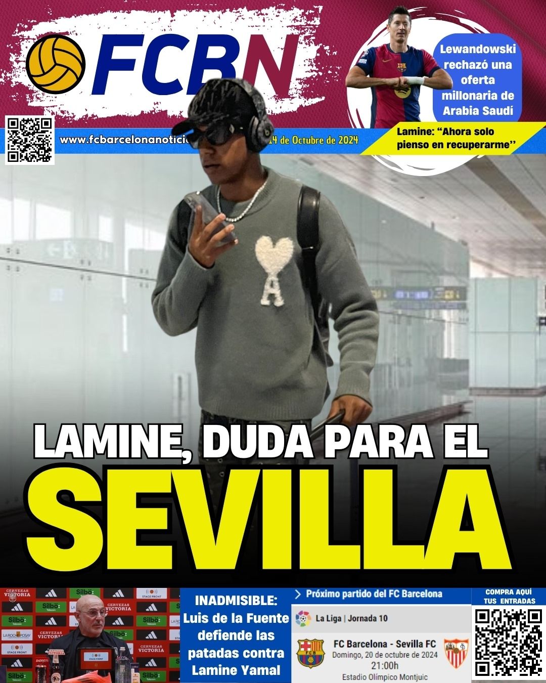 Portada FCBN lunes 14 octubre 2024 Lamine Yamal duda para Barcelona vs Sevilla