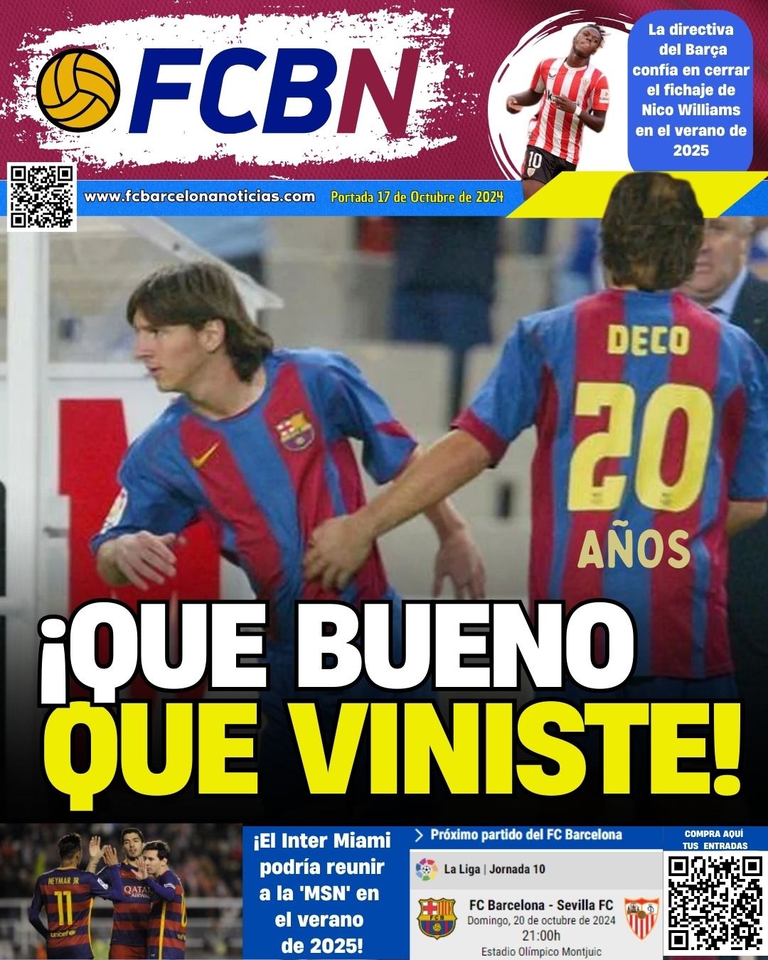 Portada FCBN jueves 17 octubre 2024 Messi 20 años debut FC Barcelona