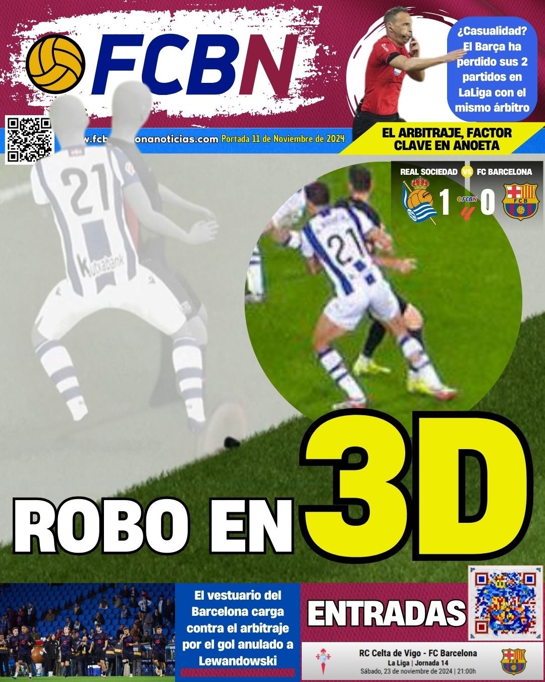 Portada FCBN lunes 11 noviembre 2024 Real Sociedad 1 FC Barcelona 0