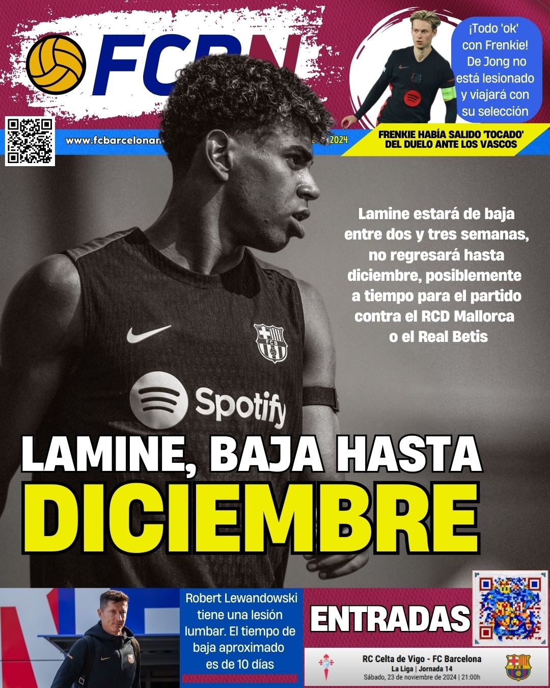 Portada de FCBN 12/11/2024: LAMINE, BAJA HASTA DICIEMBRE