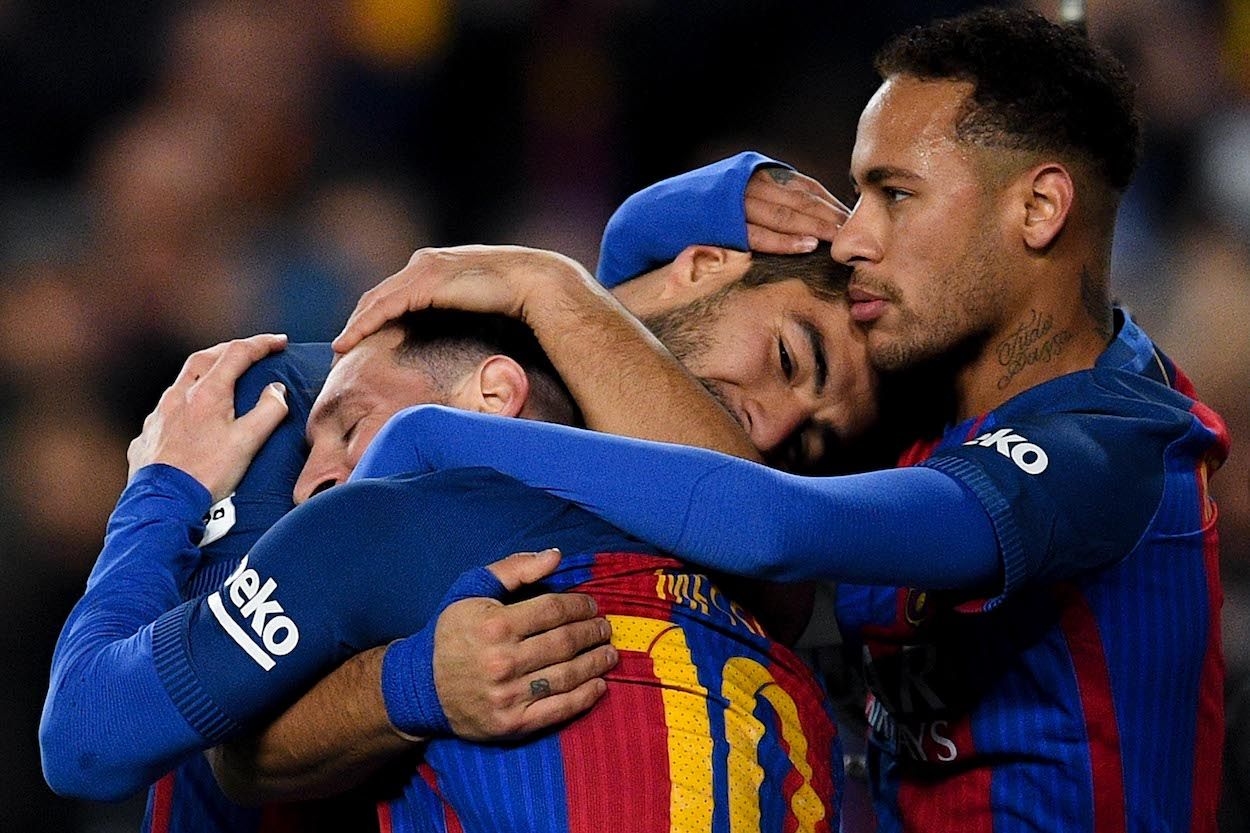 Messi, Suárez y Neymar (MSN) celebran un gol del FC Barcelona en el Camp Nou