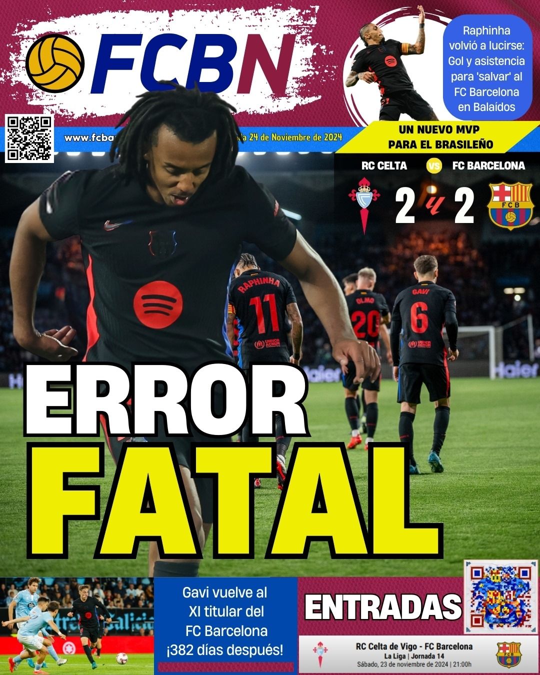 Portada FCBN domingo 24 noviembre 2024   Error fatal kounde Celta 2 2 Barcelona