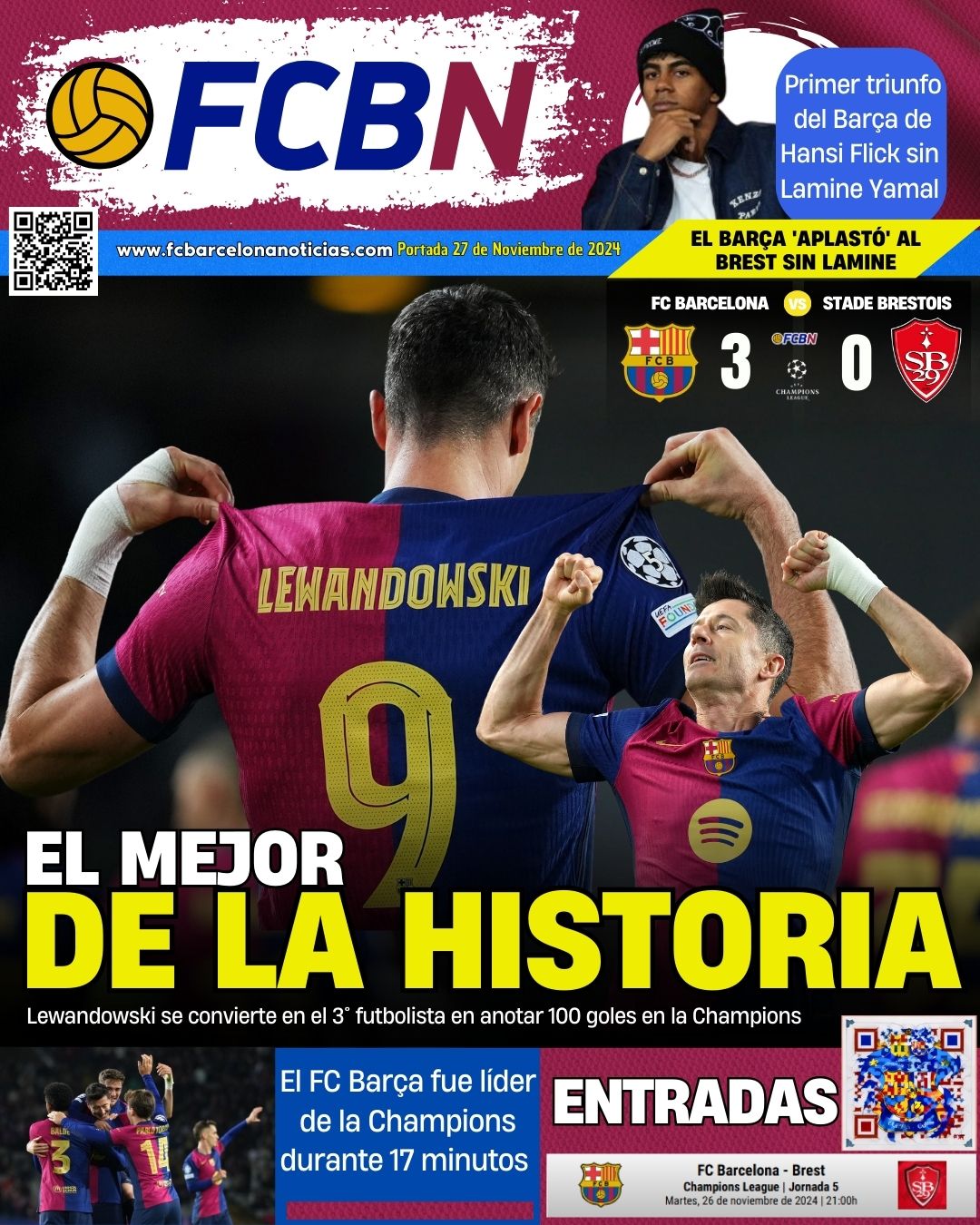 Portada FCBN 27 noviembre 2024 fc barcelona barça Lewandowski Brest Champions League