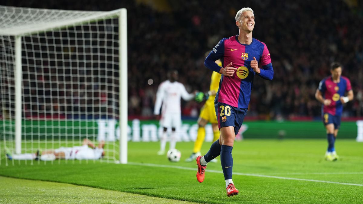 Dani Olmo celebrando su primer gol en esta Champions en el partido entre el FC Barcelona y el Brest