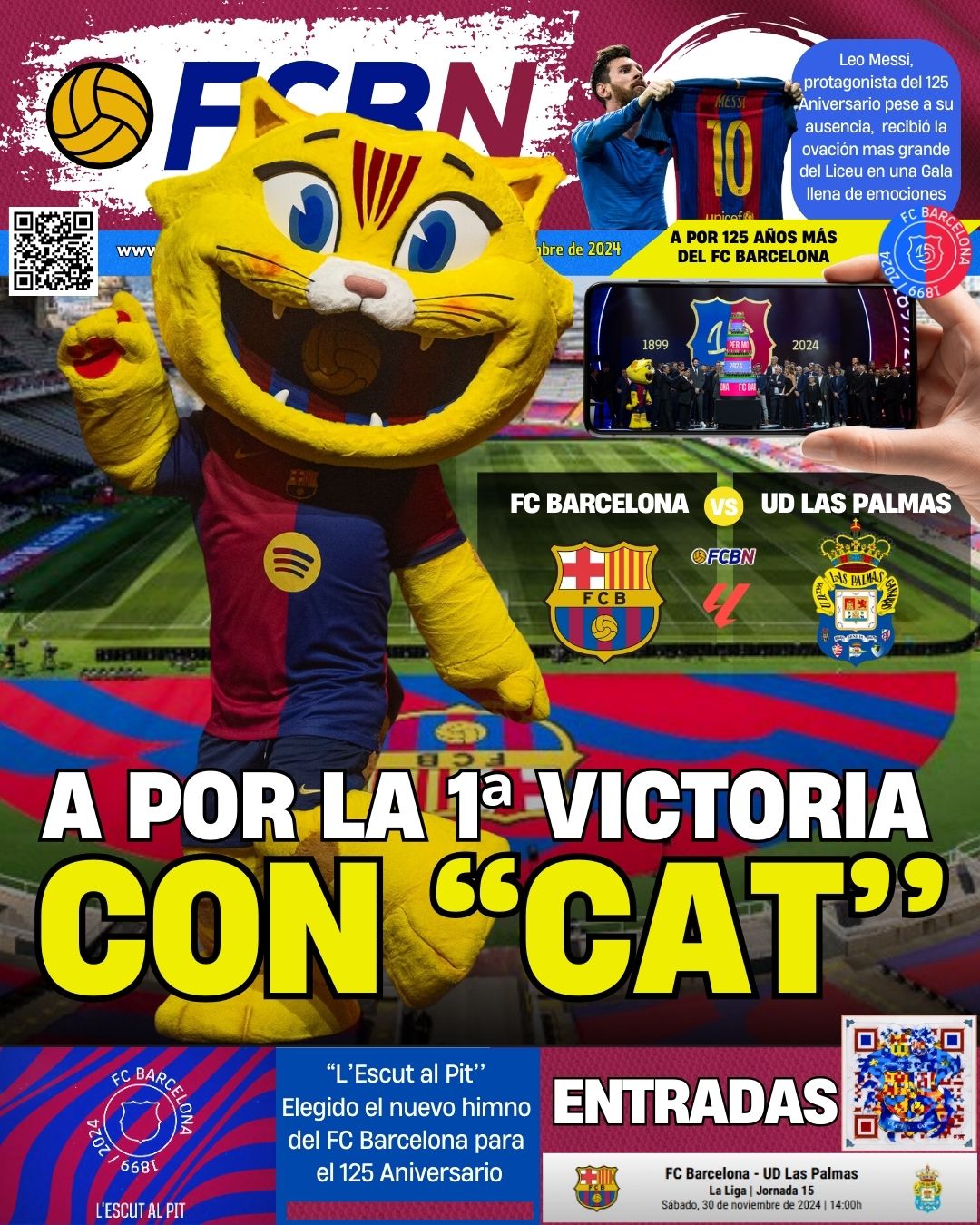 Portada FCBN 30 noviembre 2024 fc barcelona barça Cat Mascota Leo Messi Gala 125 aniversario