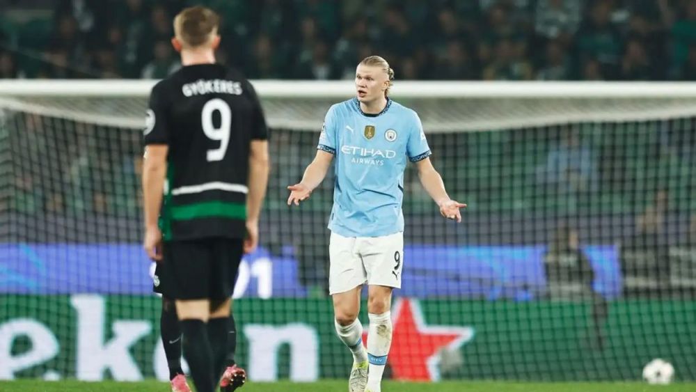 Viktor Gyökeres and Erling Haaland during a Champions match