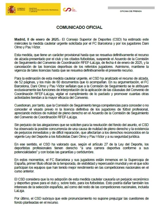 Comunicado oficial CSD caso Olmo