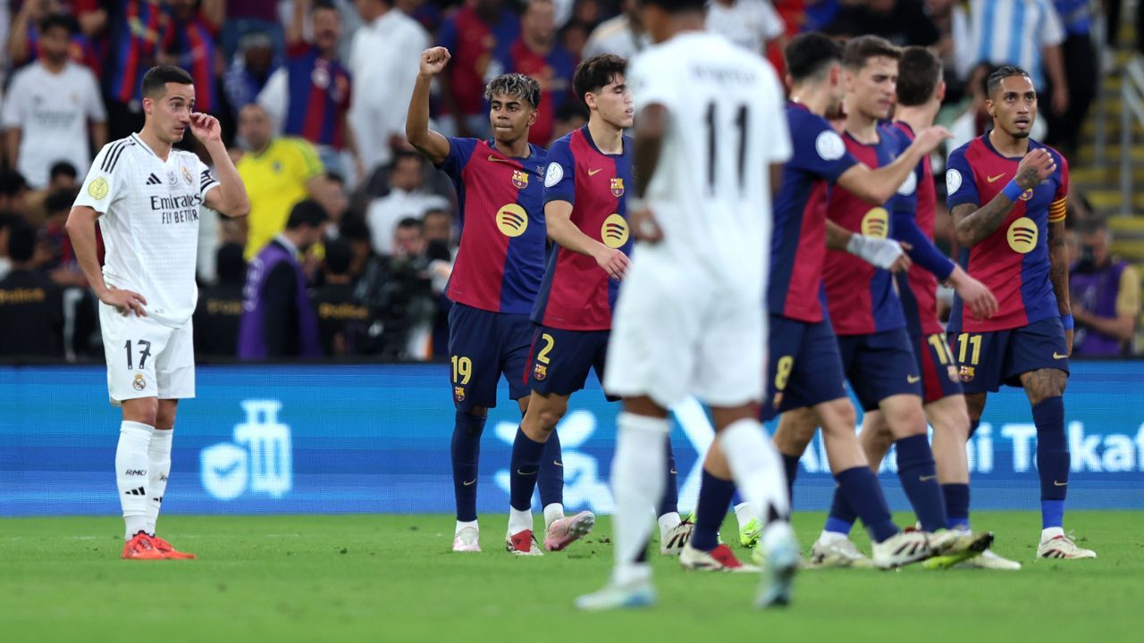 Lamine Yamal celebra su gol ante el Real Madrid en la Supercopa de España