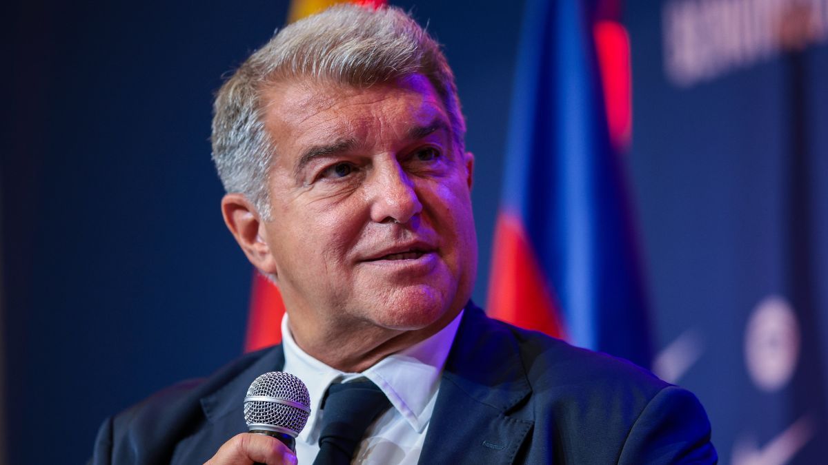 Joan Laporta en la conferencia de prensa correspondiente a la presentación de Hansi Flick como entrenador culé