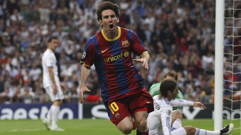 Leo Messi, festejando un gol contra el Real Madrid en 2011 Leo Messi, celebrating a goal against Real Madrid in 2011
