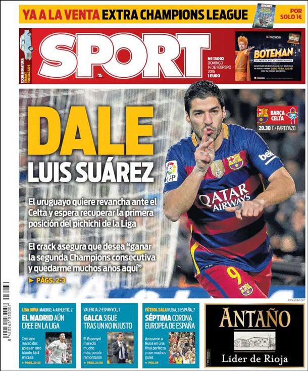 Cover of the newspaper sport, Sunday 14 February 2016