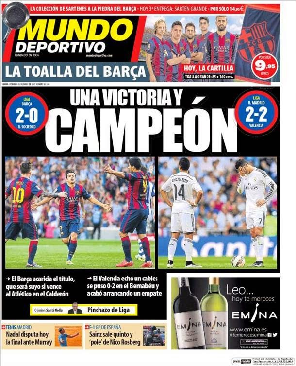 Portada del periódico mundo deportivo, domingo 10 de mayo de 2015