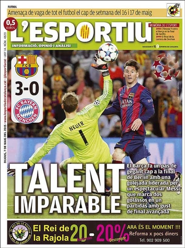 Cover of the newspaper l´esportiu, Thursday 7 May 2015