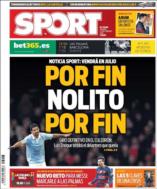 Cover of the newspaper sport, Saturday 20 February 2016