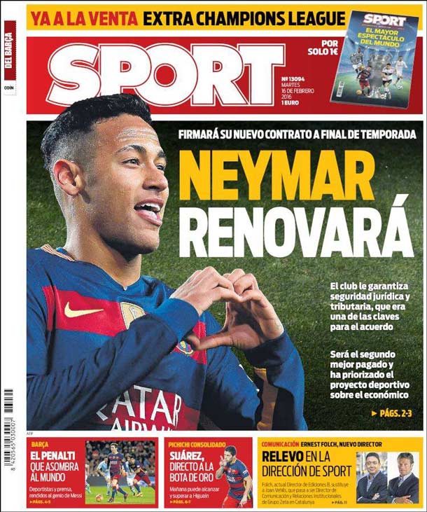 Cover of the newspaper sport, Tuesday 16 February 2016